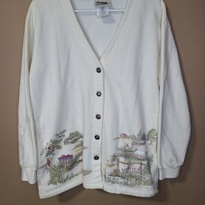Women's Cream Cardigan Sweater with Scenic Embroidery